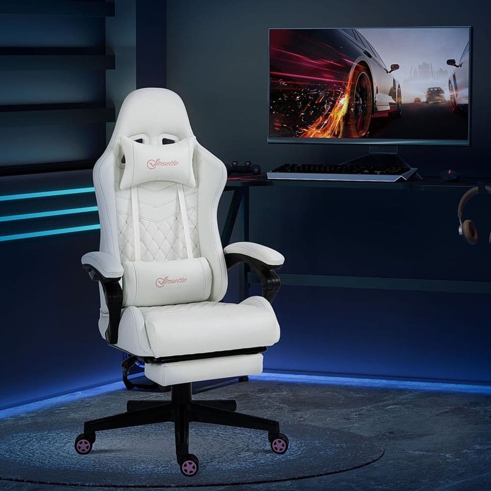 image-Racing Gaming Chair PU Leather Gamer Recliner Home Office, White