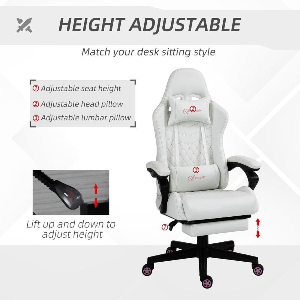 image-Racing Gaming Chair PU Leather Gamer Recliner Home Office, White