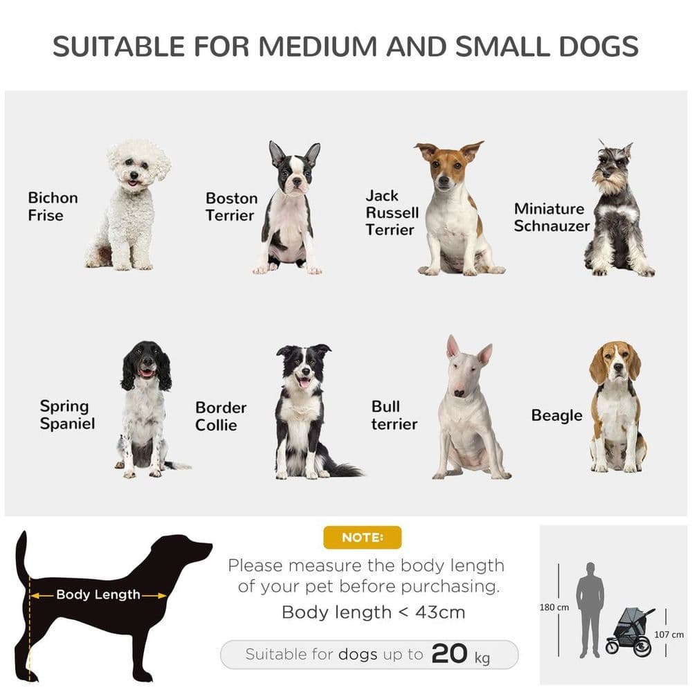 image-3 Wheel Pet Stroller, for Medium Small Dogs, Foldable Cat Pram - Grey