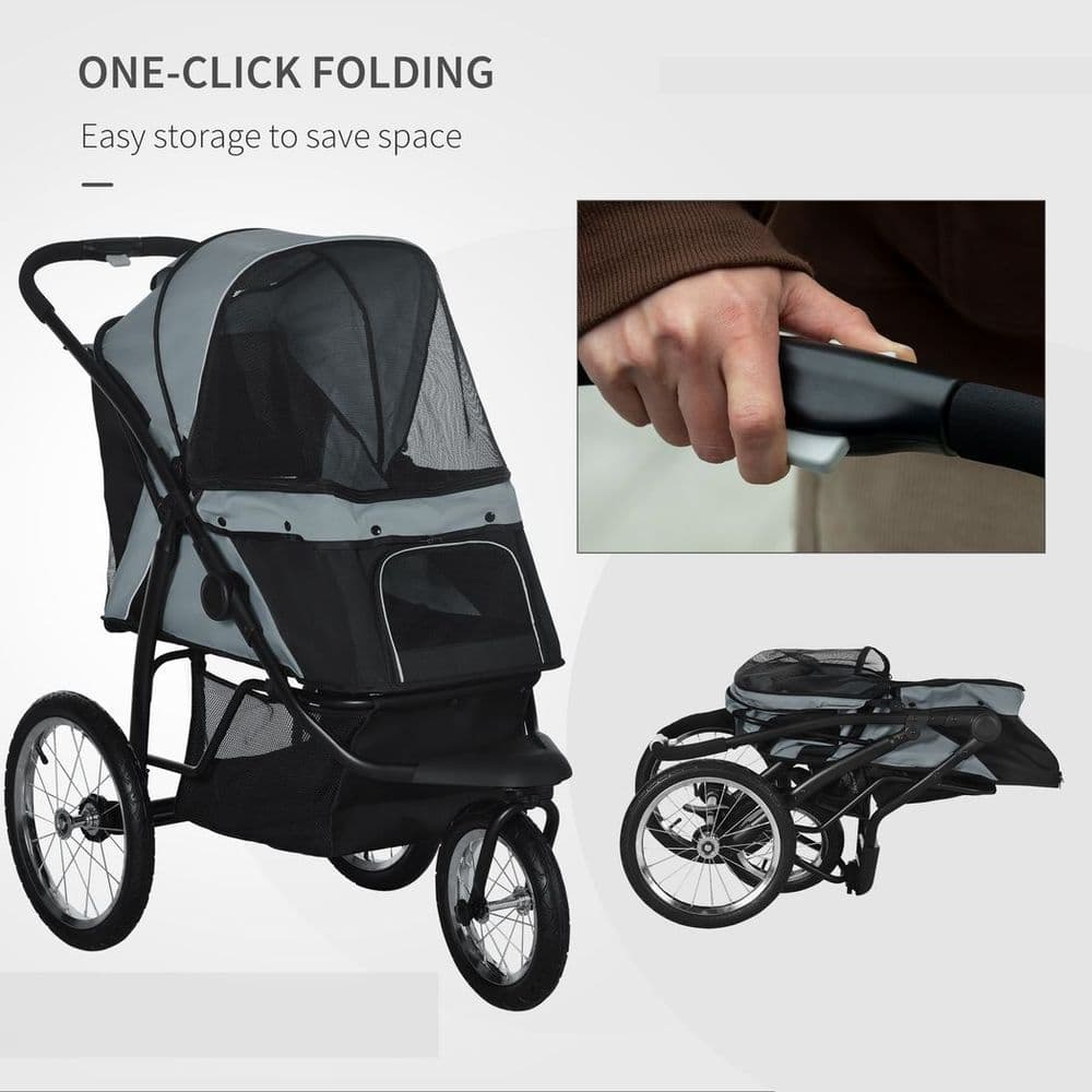 image-3 Wheel Pet Stroller, for Medium Small Dogs, Foldable Cat Pram - Grey