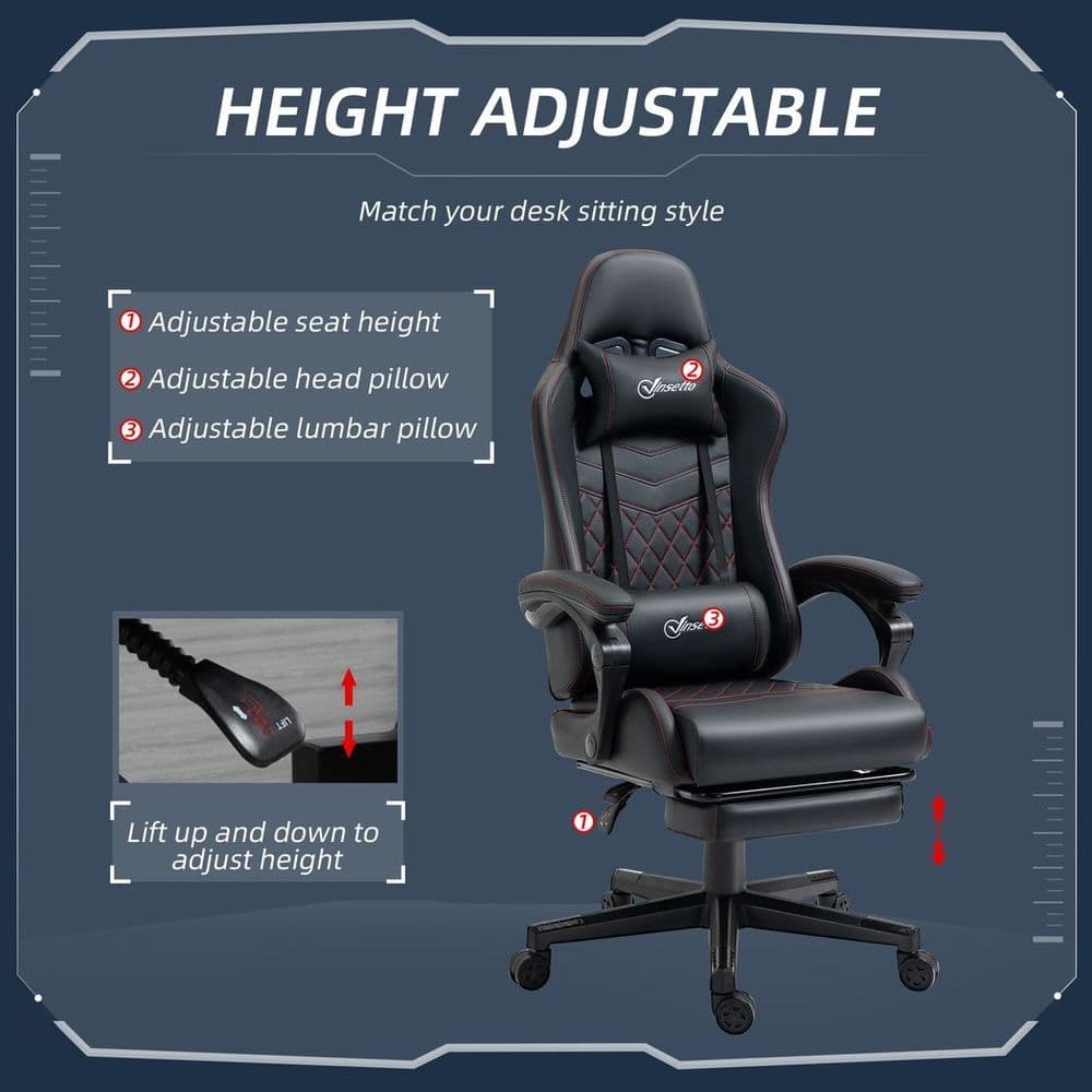 image-Racing Gaming Chair PU Leather Gamer Recliner Home Office, Black