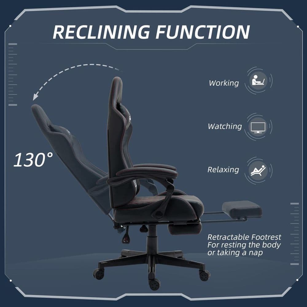 image-Racing Gaming Chair PU Leather Gamer Recliner Home Office, Black