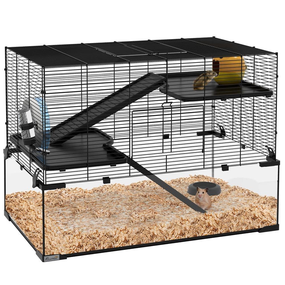 image-3 Tiers Hamster Cage w/ Deep Glass Bottom, Dish, Hut, 78.5 x 48.5 x 57cm