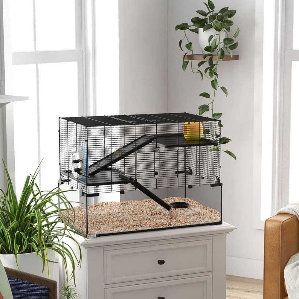 image-3 Tiers Hamster Cage w/ Deep Glass Bottom, Dish, Hut, 78.5 x 48.5 x 57cm
