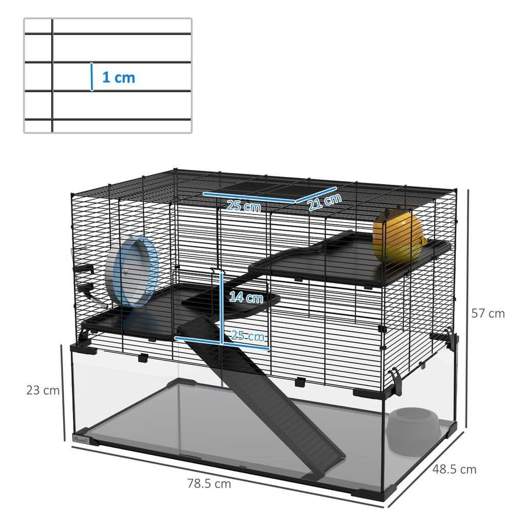 image-3 Tiers Hamster Cage w/ Deep Glass Bottom, Dish, Hut, 78.5 x 48.5 x 57cm