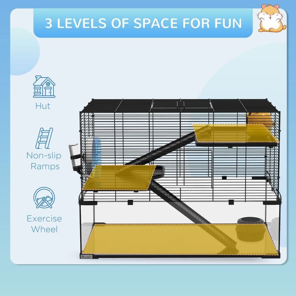image-3 Tiers Hamster Cage w/ Deep Glass Bottom, Dish, Hut, 78.5 x 48.5 x 57cm