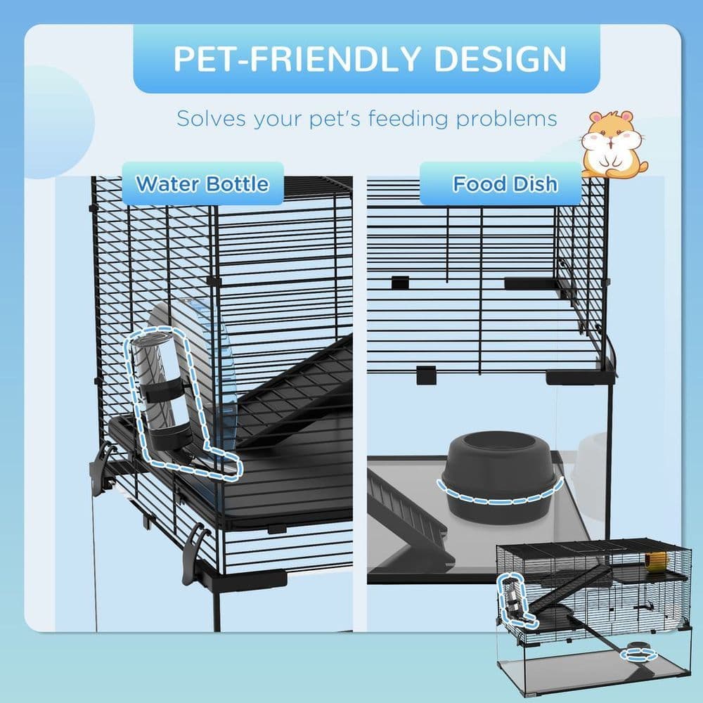 image-3 Tiers Hamster Cage w/ Deep Glass Bottom, Dish, Hut, 78.5 x 48.5 x 57cm