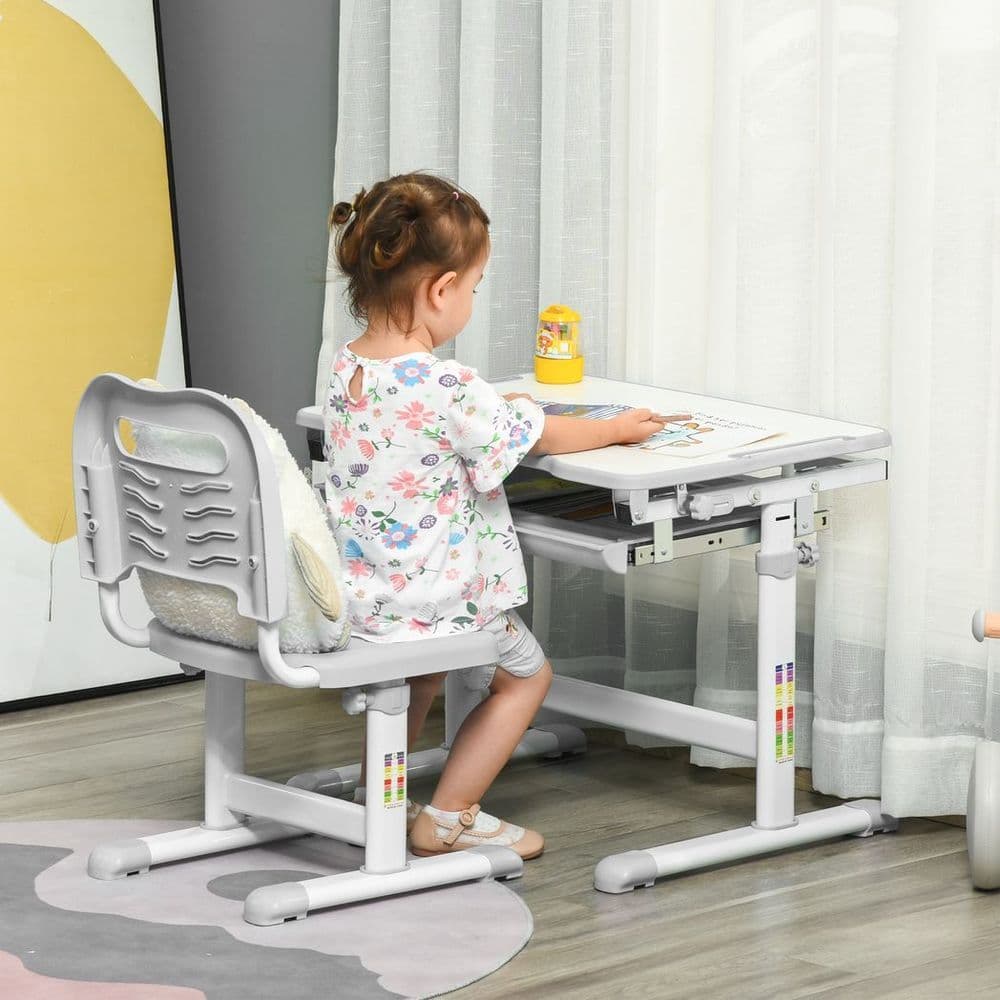 image-Kids Desk and Chair Set Adjustable Tiltable w/ Drawer, Pen Slot, Hook