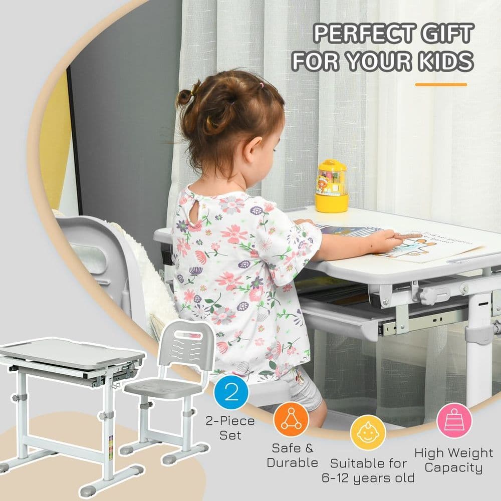 image-Kids Desk and Chair Set Adjustable Tiltable w/ Drawer, Pen Slot, Hook