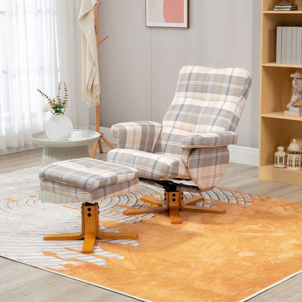 image-Recliner Chair and Footstool Linen-touch Fabric Wooden Base Multicolour
