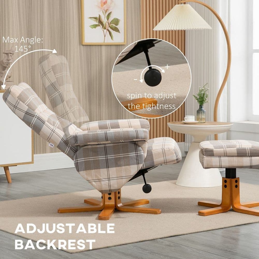 image-Recliner Chair and Footstool Linen-touch Fabric Wooden Base Multicolour