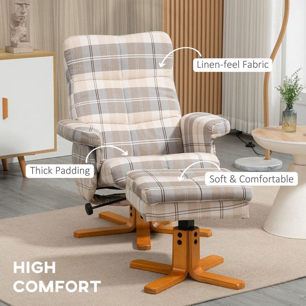 image-Recliner Chair and Footstool Linen-touch Fabric Wooden Base Multicolour