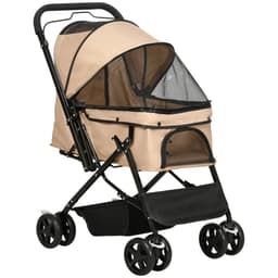 image-Pet Stroller Dog Foldable Travel Carriage with Reversible Handle, Brown