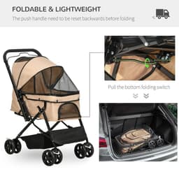 image-Pet Stroller Dog Foldable Travel Carriage with Reversible Handle, Brown