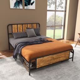 image-Double Bed Frame Steel Bed Base with Headboard 145 x 199cm Brown