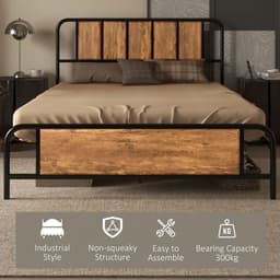 image-Double Bed Frame Steel Bed Base with Headboard 145 x 199cm Brown