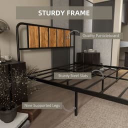 image-Double Bed Frame Steel Bed Base with Headboard 145 x 199cm Brown