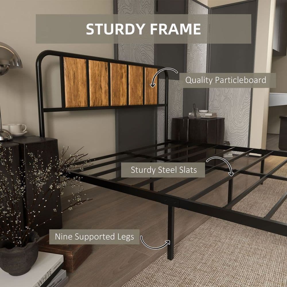 image-Double Bed Frame Steel Bed Base with Headboard 145 x 199cm Brown