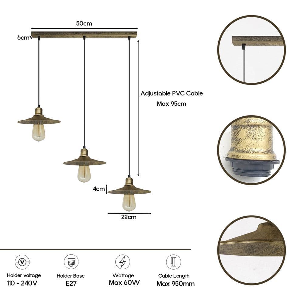 image-4 Head Vintage Industrial Brushed Brass Ceiling Pendant Easy Fit Light Metal 22cm Ceiling Lighting Shade