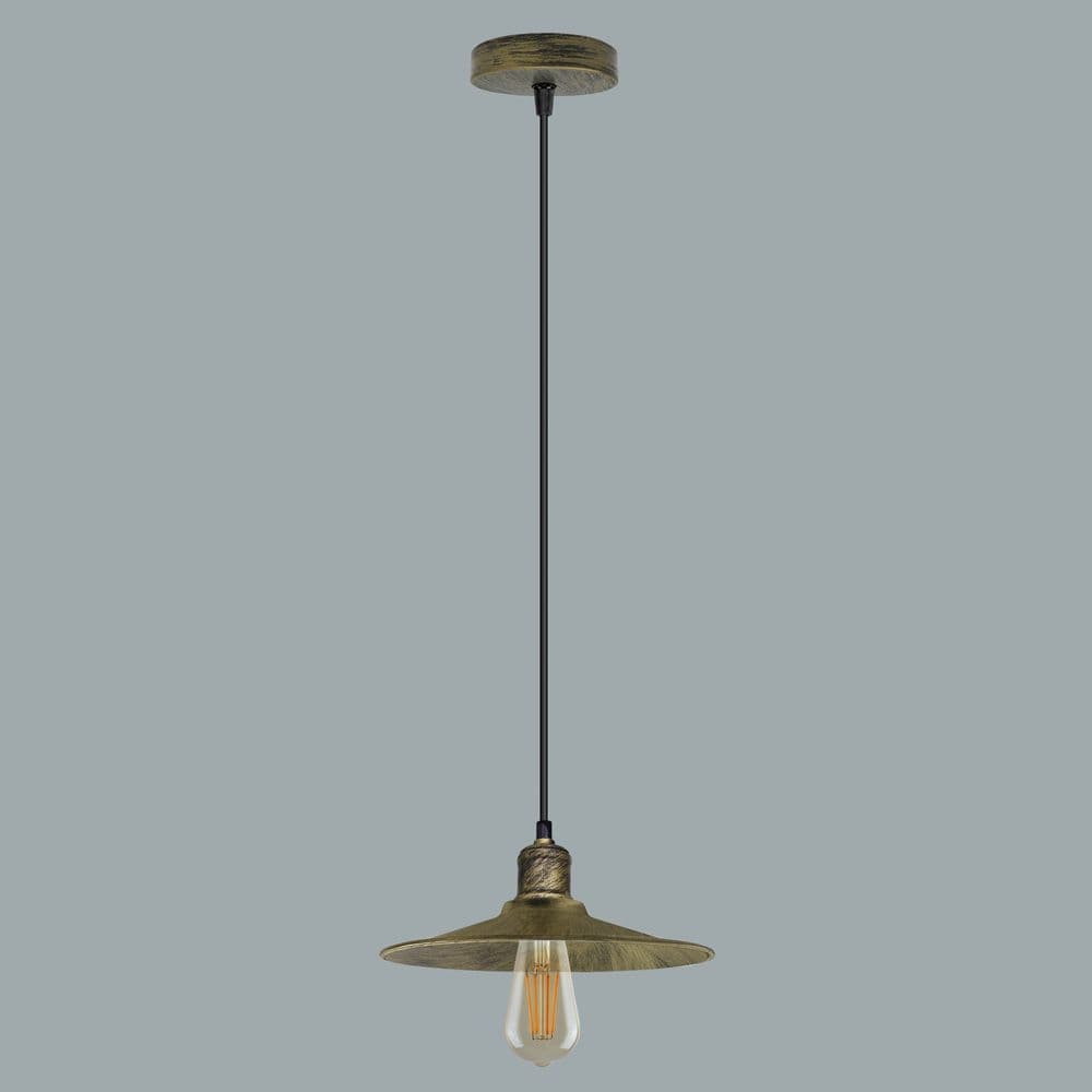 image-Vintage Industrial Brushed Brass Ceiling Pendant Light Adjustable Cord E27 Base Hand Brushed Finished Flat Cone Shaped