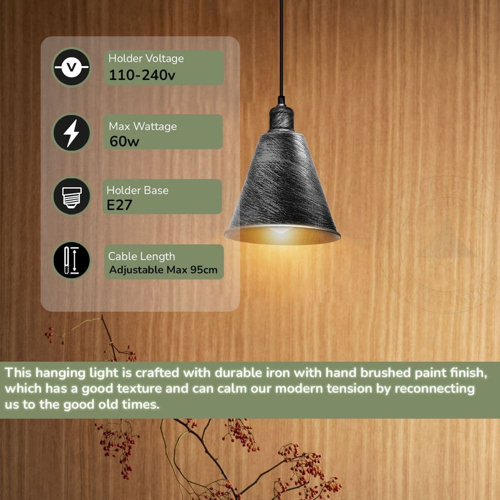 image-Modern Hanging Cone Shaped Pendant Light Fixture With Brushed Silver Colour Lampshade