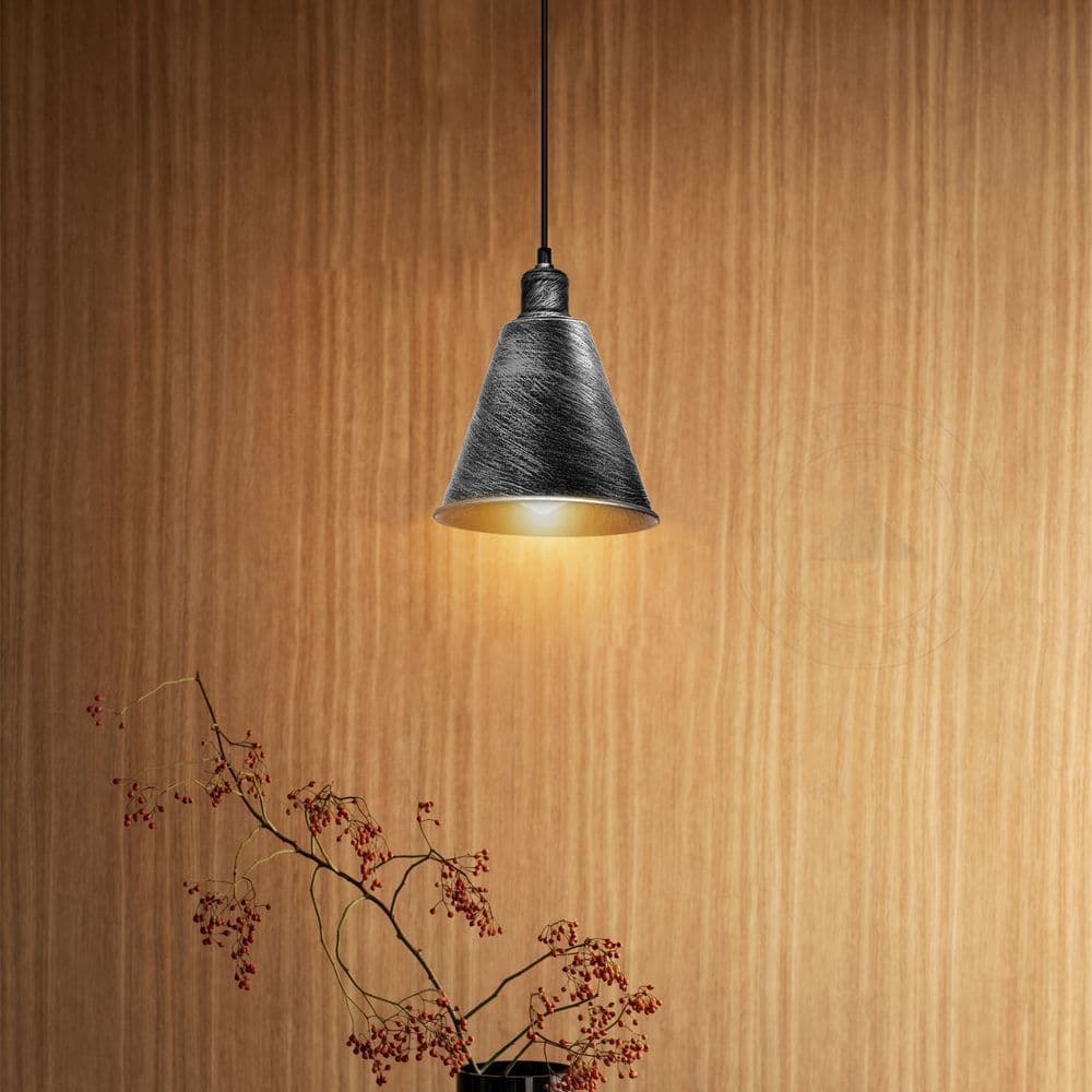 image-Modern Hanging Cone Shaped Pendant Light Fixture With Brushed Silver Colour Lampshade