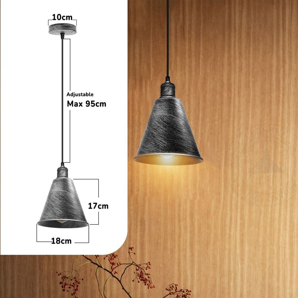 image-Modern Hanging Cone Shaped Pendant Light Fixture With Brushed Silver Colour Lampshade