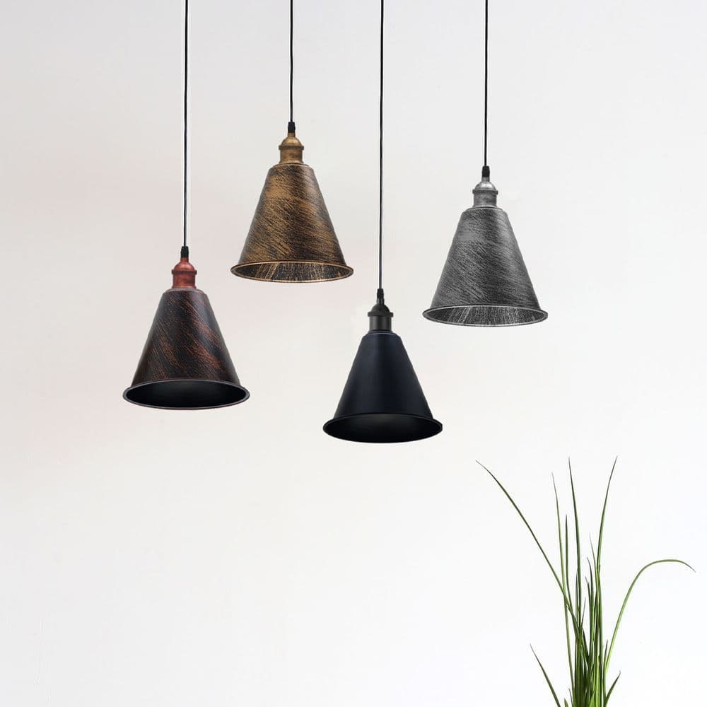 image-3 Pack Vintage Retro Industrial Metal Brushed Silver Cone Shape 18cm Shade Easy Fit