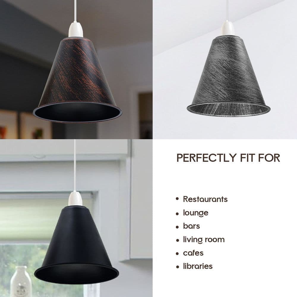 image-3 Pack Vintage Retro Industrial Metal Brushed Silver Cone Shape 18cm Shade Easy Fit