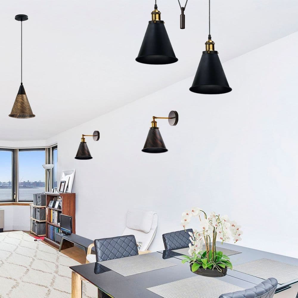 image-3 Pack Vintage Retro Industrial Metal Brushed Silver Cone Shape 18cm Shade Easy Fit