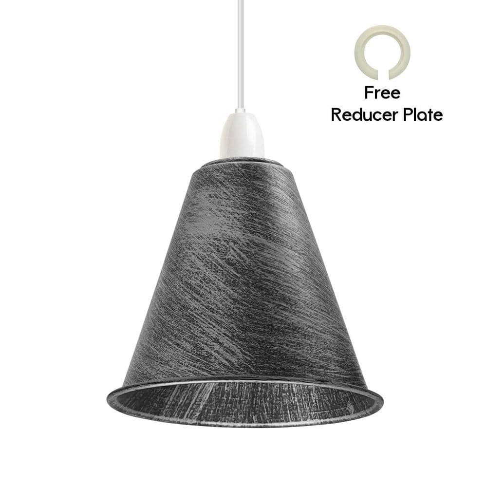 image-3 Pack Vintage Retro Industrial Metal Brushed Silver Cone Shape 18cm Shade Easy Fit
