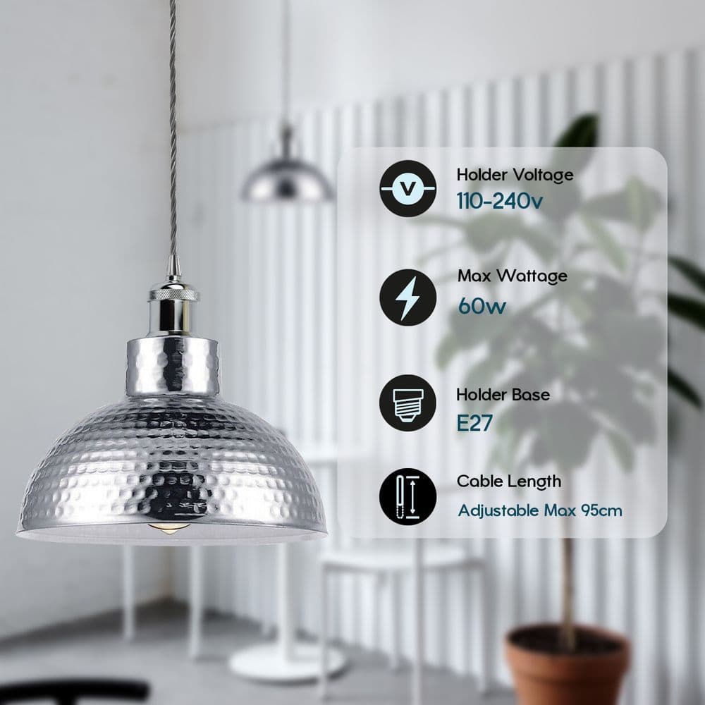 image-Vintage Industrial Chrome Ceiling Pendant Light Metal Shade Hanging Lamp