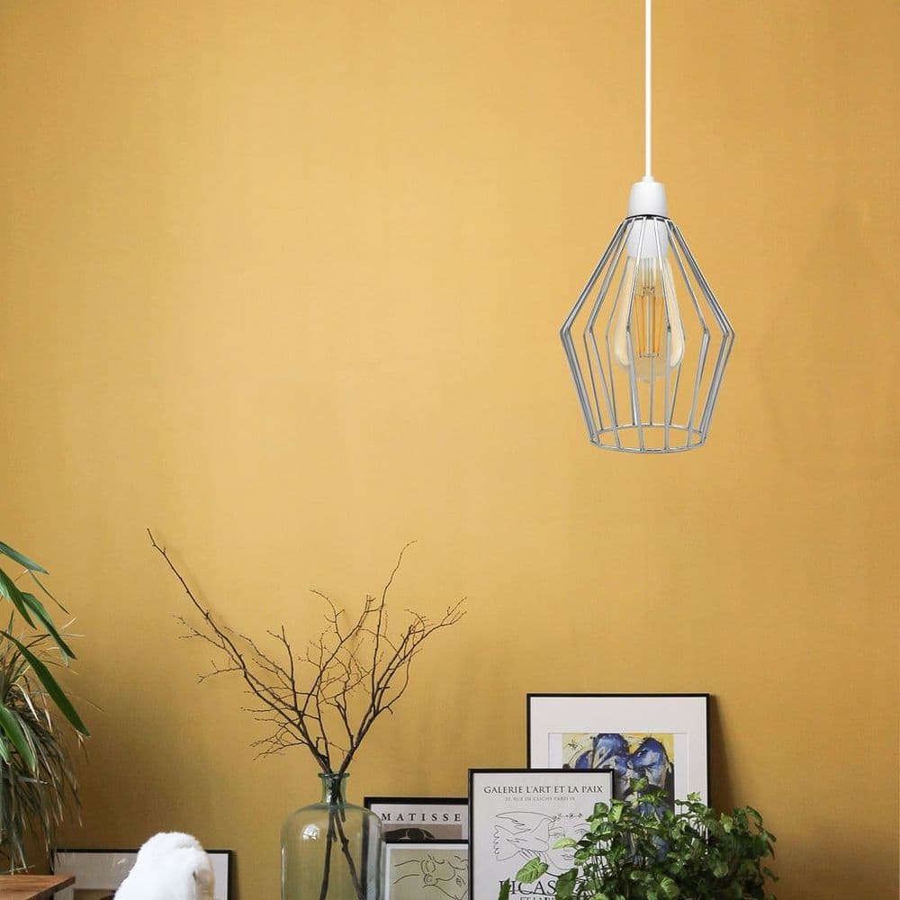image-Modern Vintage Chrome Industrial Metal Rustic Lampshade Vintage Light Open Wire Frame cage Diamond Geometric Shape Lamp
