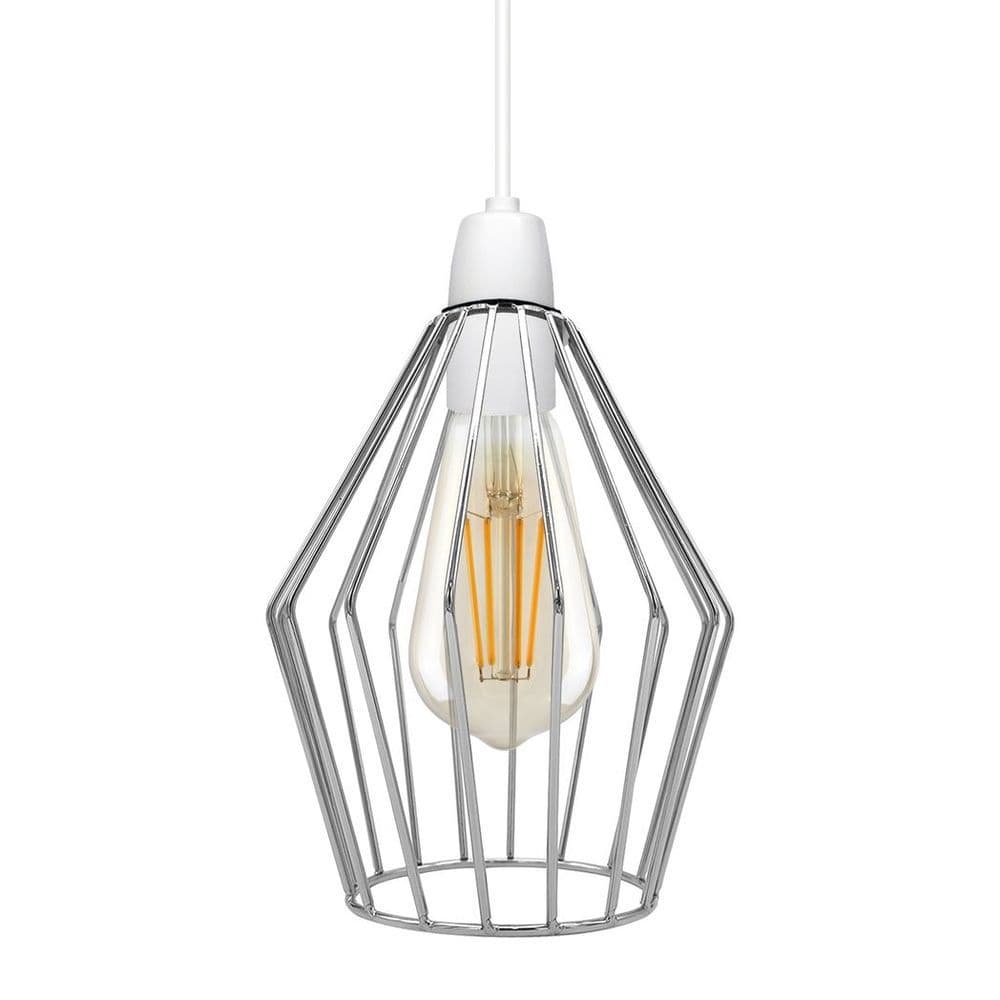 image-Modern Vintage Chrome Industrial Metal Rustic Lampshade Vintage Light Open Wire Frame cage Diamond Geometric Shape Lamp