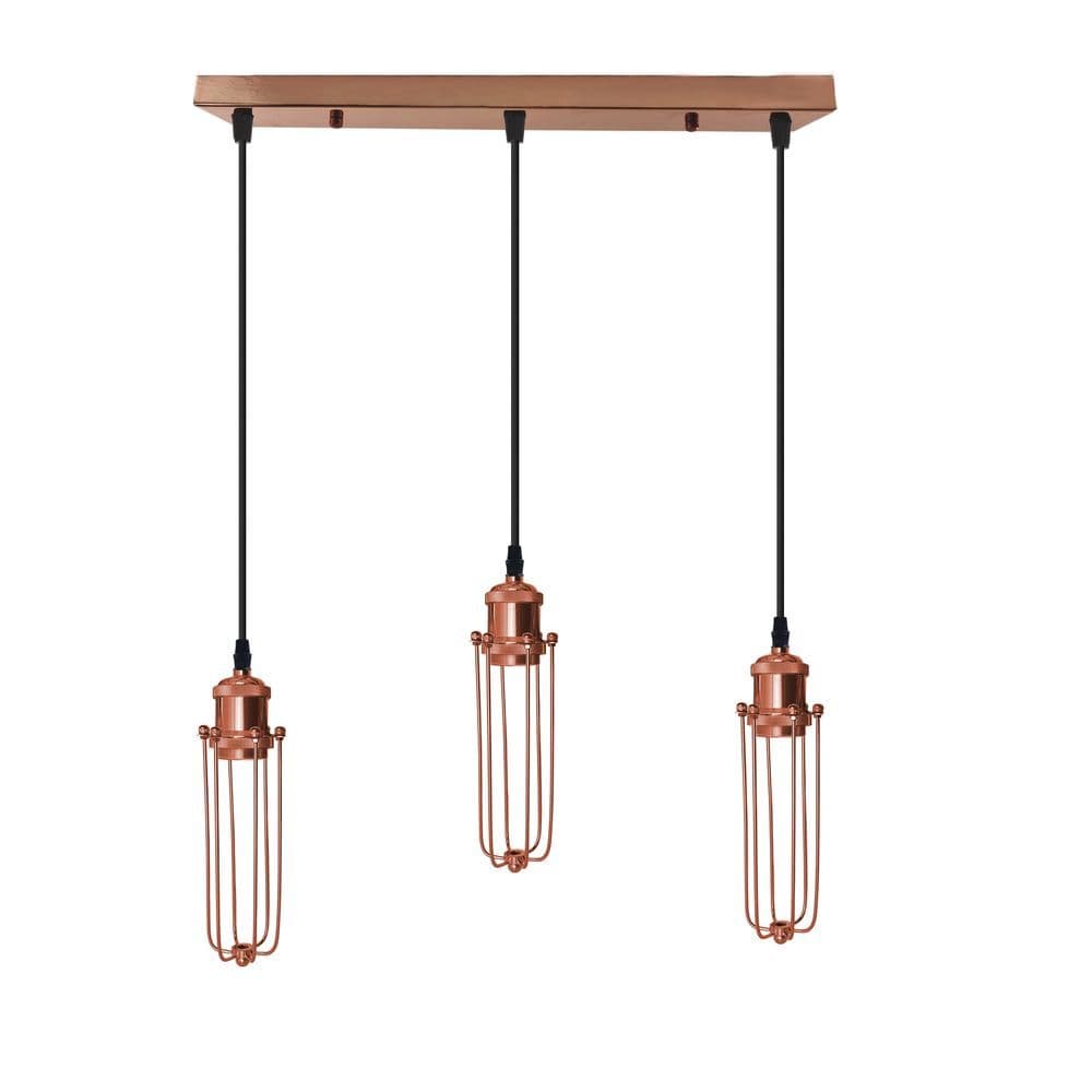 image-3 Head Rectangle Rose Gold Ceiling E27 Pendant Light with Wire Cage, Industrial Vintage Hanging Lamp Fixture
