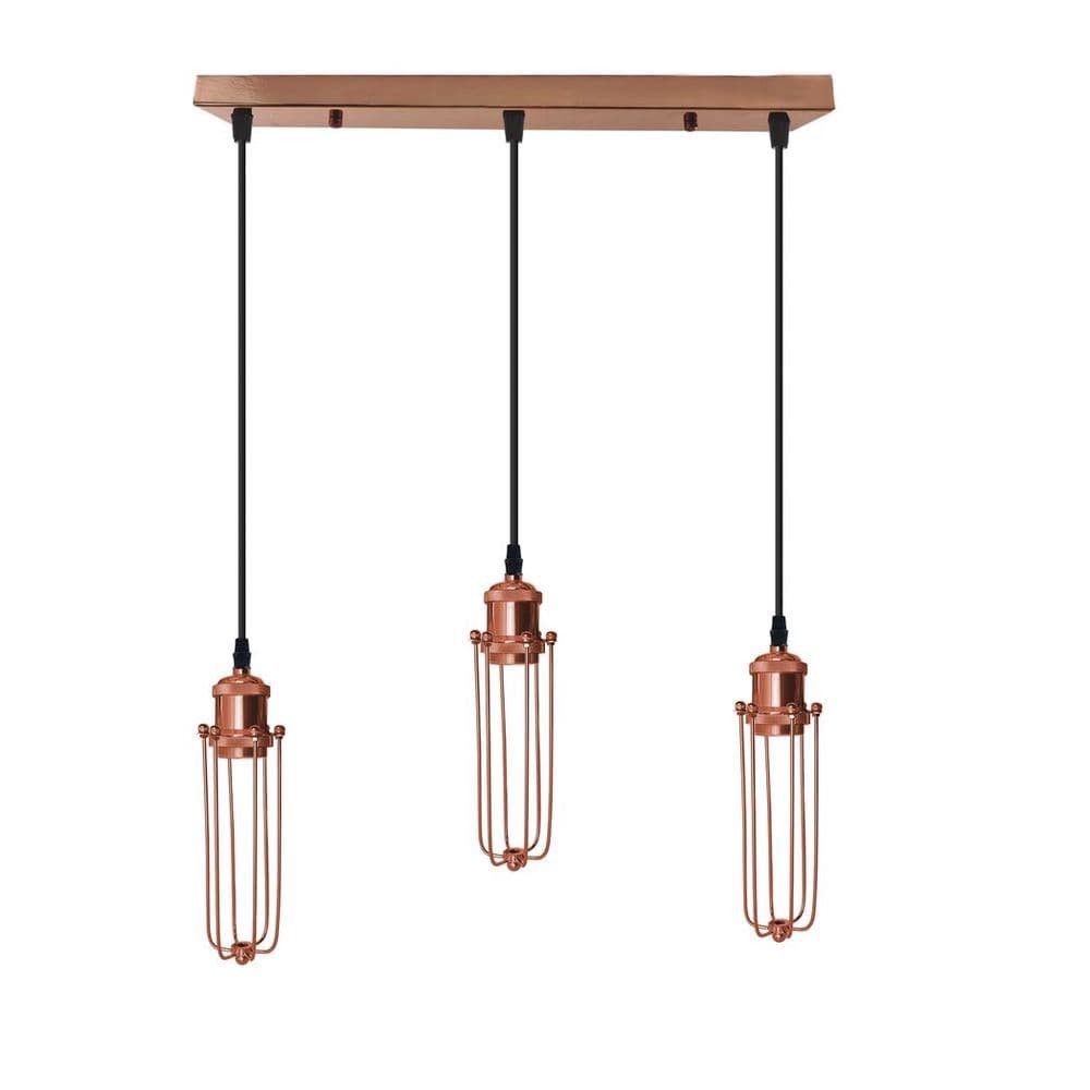image-3 Head Rectangle Rose Gold Ceiling E27 Pendant Light with Wire Cage, Industrial Vintage Hanging Lamp Fixture