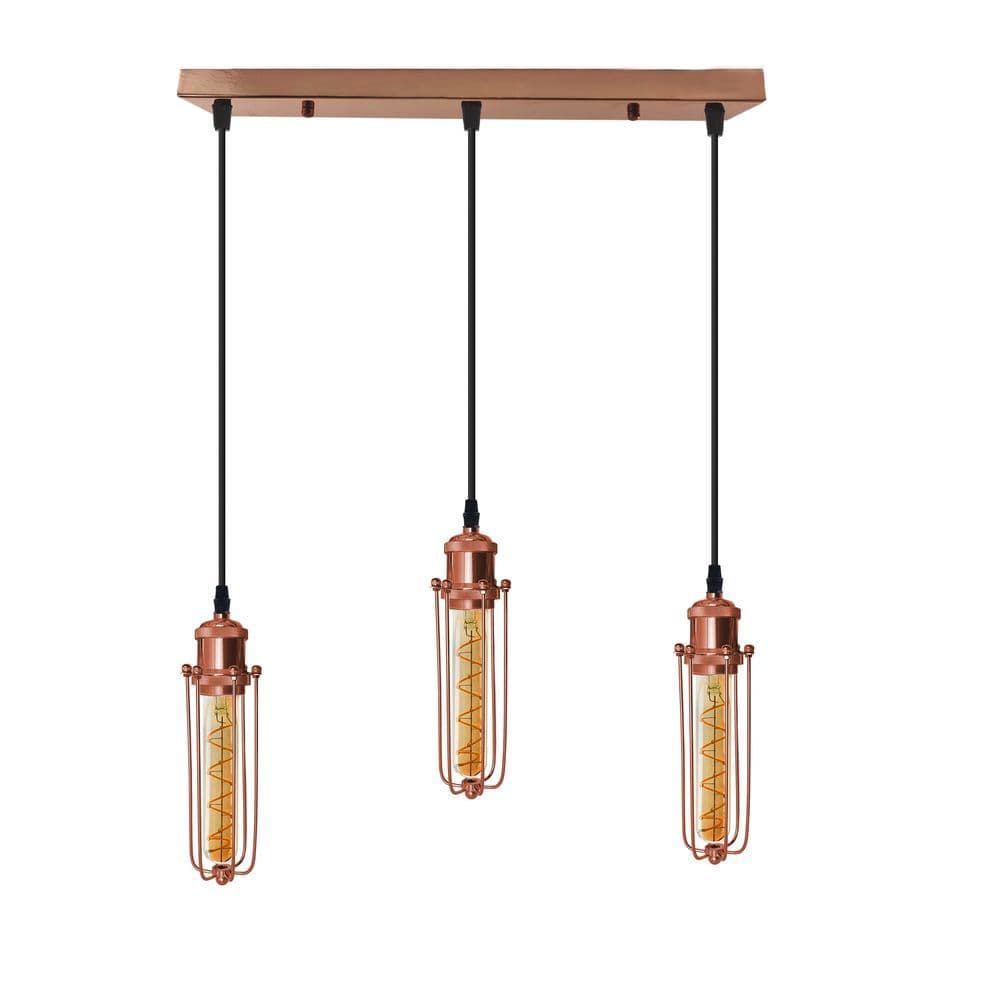 image-3 Head Rectangle Rose Gold Ceiling E27 Pendant Light with Wire Cage, Industrial Vintage Hanging Lamp Fixture