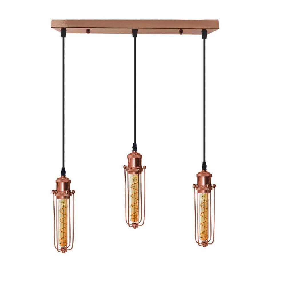 image-3 Head Rectangle Rose Gold Ceiling E27 Pendant Light with Wire Cage, Industrial Vintage Hanging Lamp Fixture
