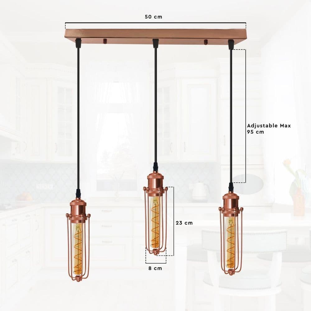image-3 Head Rectangle Rose Gold Ceiling E27 Pendant Light with Wire Cage, Industrial Vintage Hanging Lamp Fixture