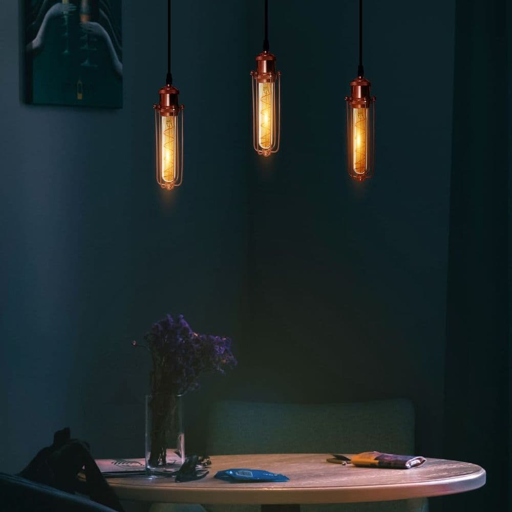 image-3 Head Rectangle Rose Gold Ceiling E27 Pendant Light with Wire Cage, Industrial Vintage Hanging Lamp Fixture