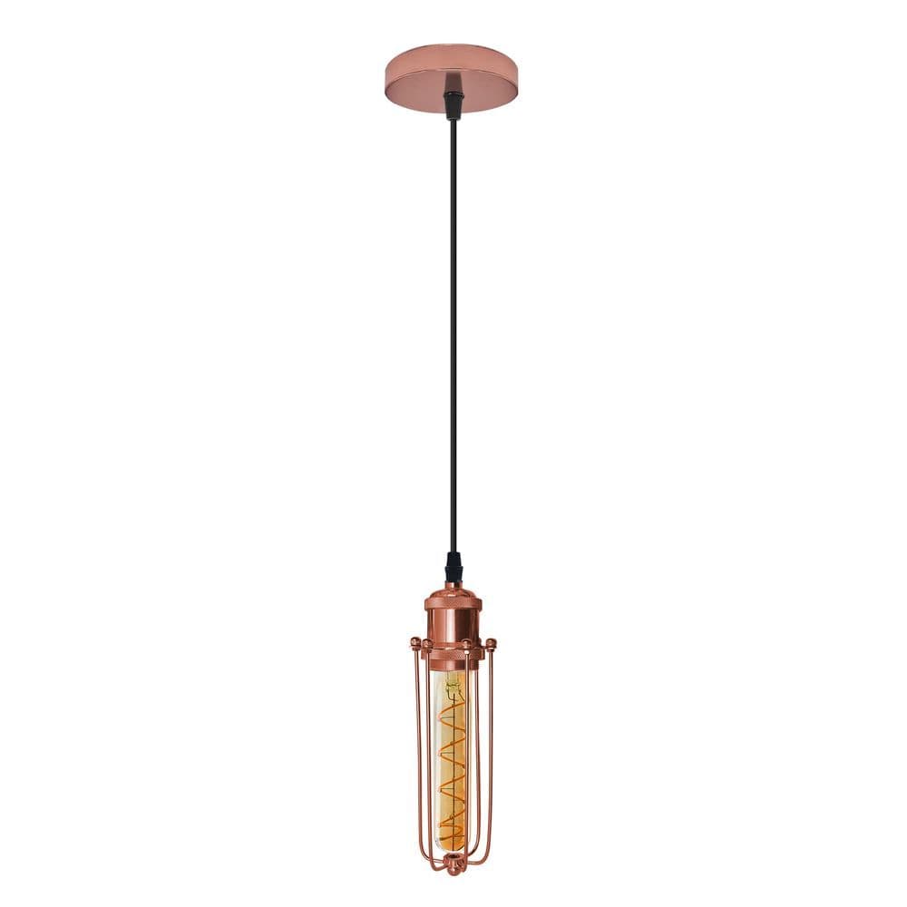 image-Single Rose Gold Ceiling E27 Pendant Light with Wire Cage, Industrial Vintage Hanging Lamp Fixture