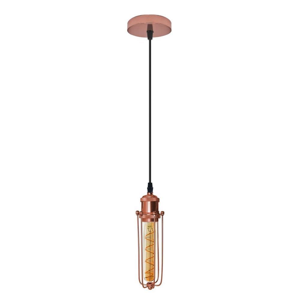 image-Single Rose Gold Ceiling E27 Pendant Light with Wire Cage, Industrial Vintage Hanging Lamp Fixture
