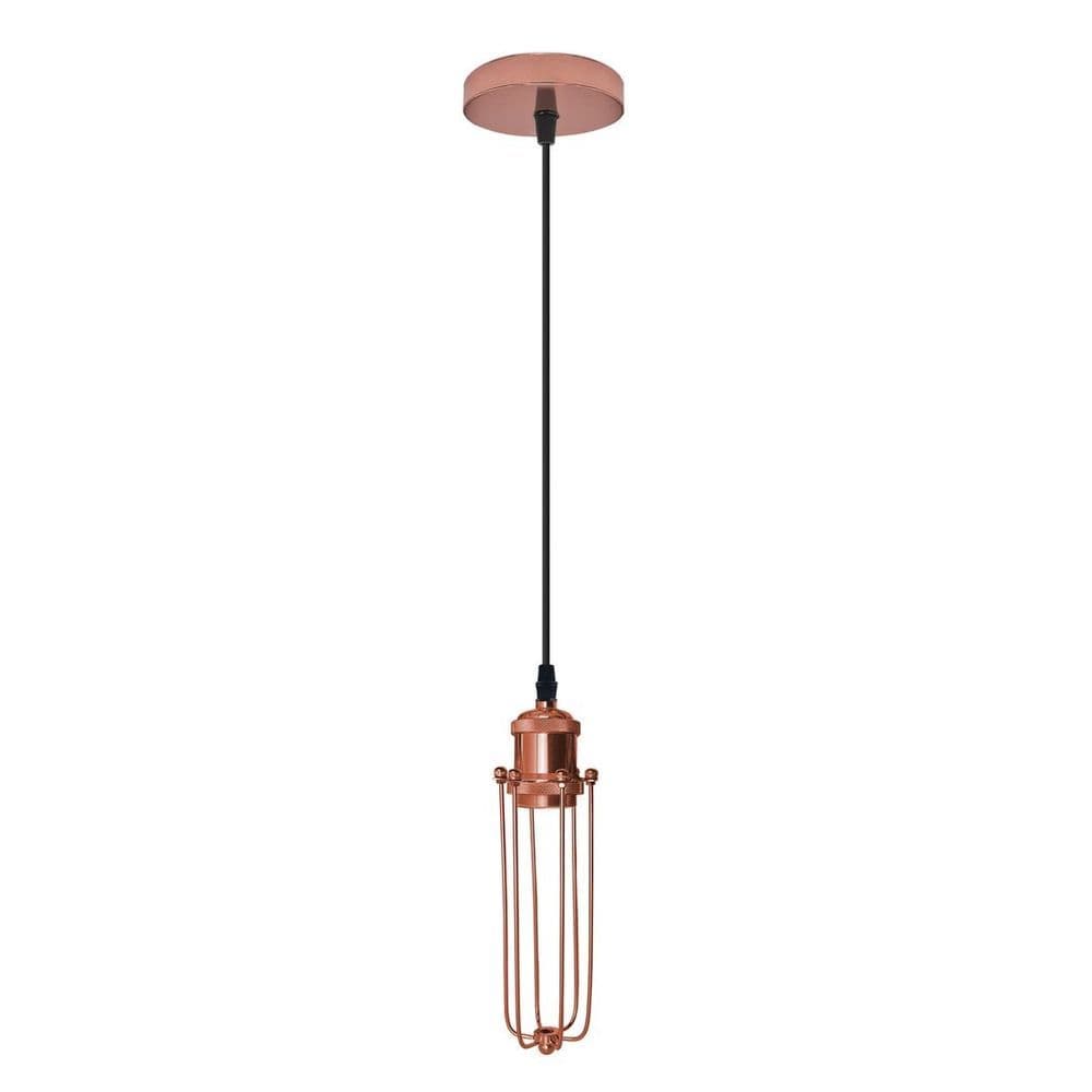 image-Single Rose Gold Ceiling E27 Pendant Light with Wire Cage, Industrial Vintage Hanging Lamp Fixture