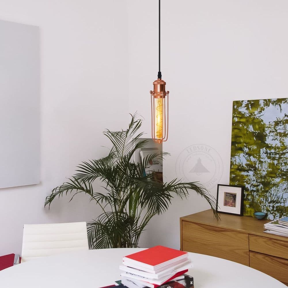 image-Single Rose Gold Ceiling E27 Pendant Light with Wire Cage, Industrial Vintage Hanging Lamp Fixture