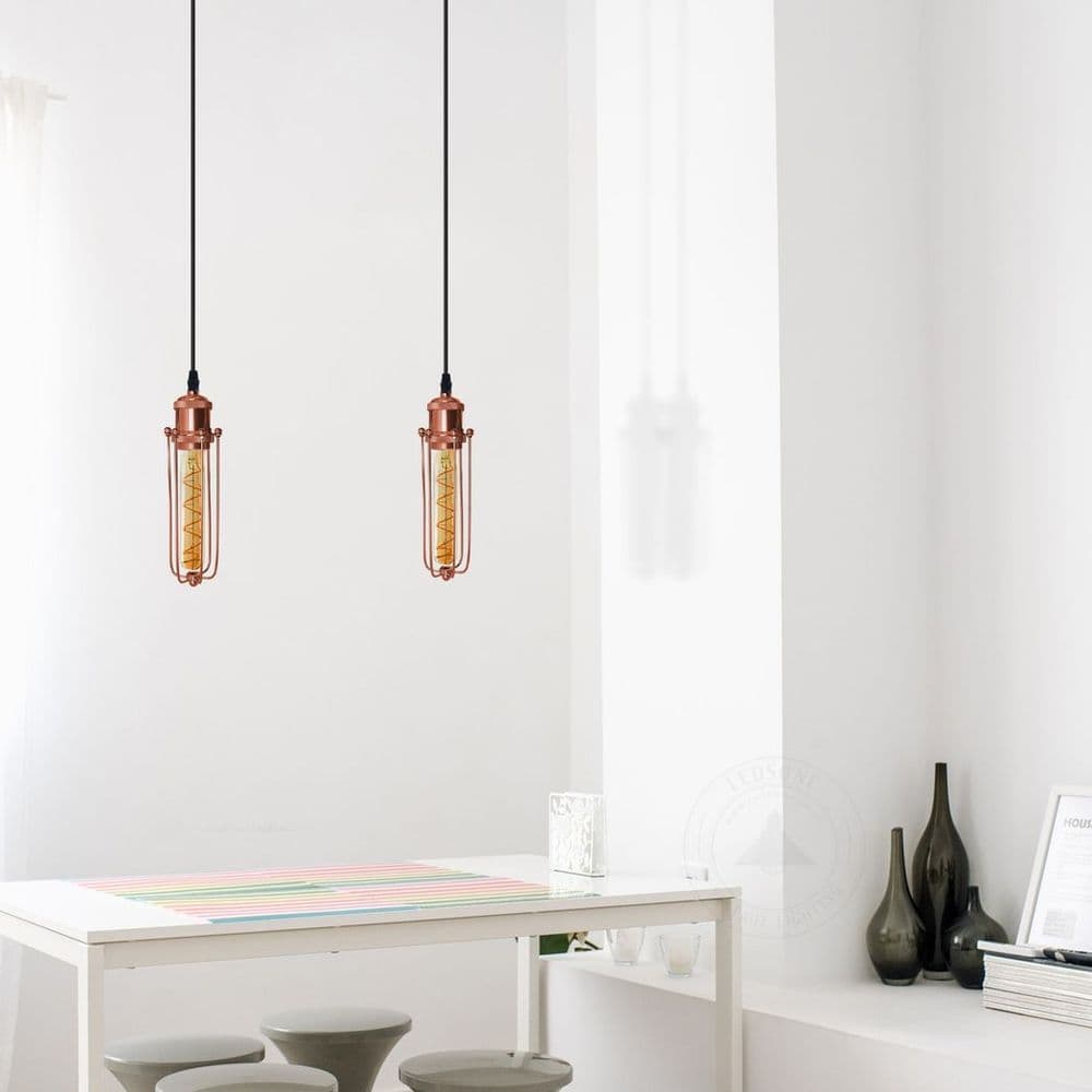 image-Single Rose Gold Ceiling E27 Pendant Light with Wire Cage, Industrial Vintage Hanging Lamp Fixture