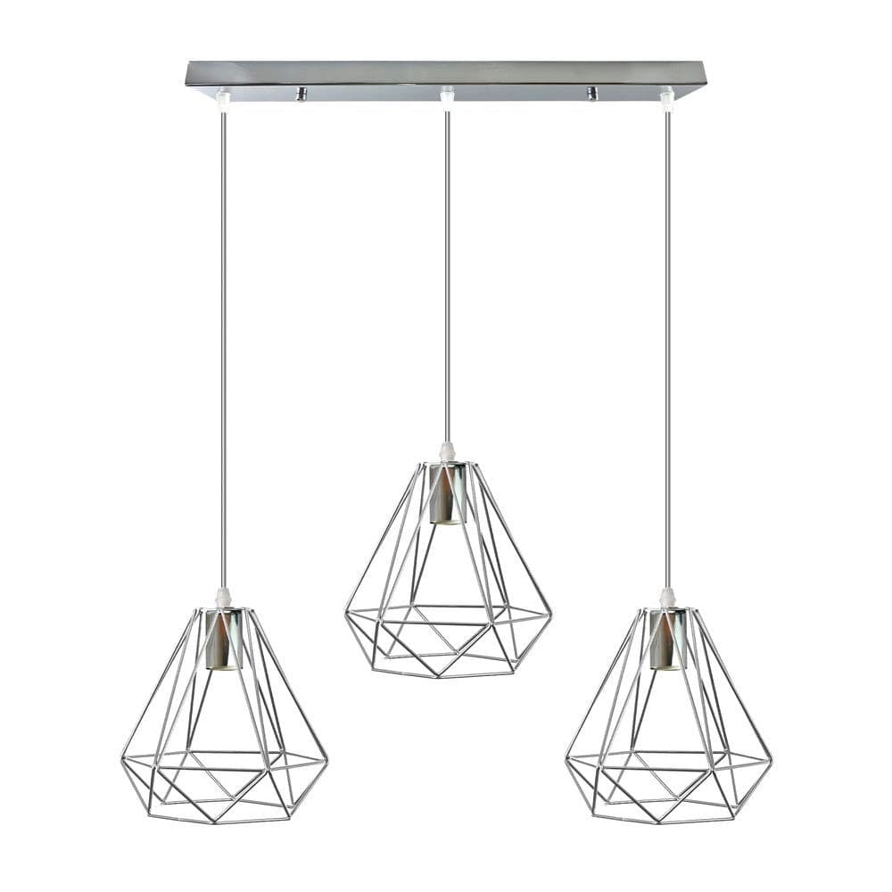 image-3 Head Rectangle Base Chrome Vintage Metal 20cm Diamond Wire Cage E27 Base Ceiling Pendant Light