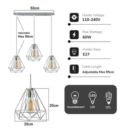 image-3 Head Rectangle Base Chrome Vintage Metal 20cm Diamond Wire Cage E27 Base Ceiling Pendant Light