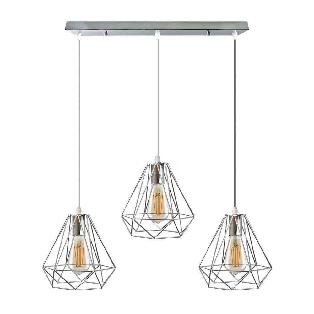 image-3 Head Rectangle Base Chrome Vintage Metal 20cm Diamond Wire Cage E27 Base Ceiling Pendant Light
