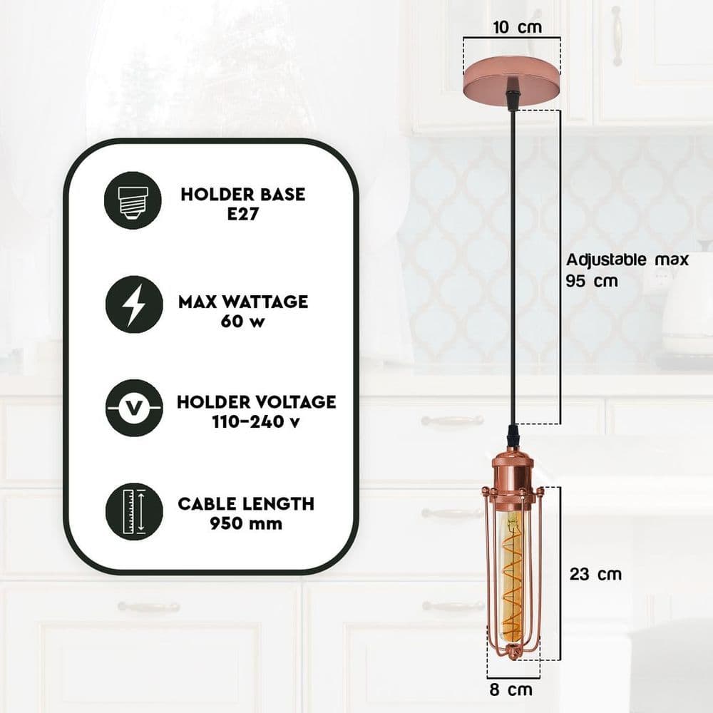 image-Single Rose Gold Ceiling E27 Pendant Light with Wire Cage, Industrial Vintage Hanging Lamp Fixture