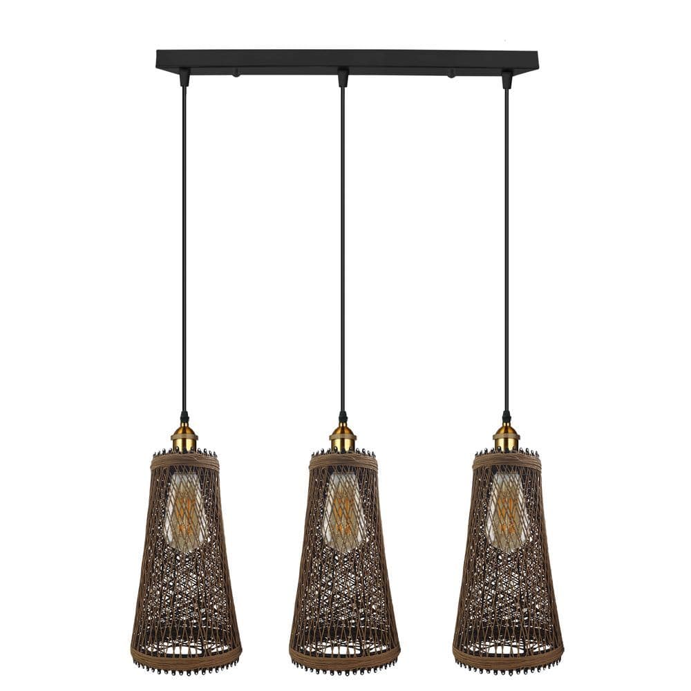 image-3 Head Natural Wicker Basket Style Retro Industrial Vintage Rattan Ceiling Pendant
